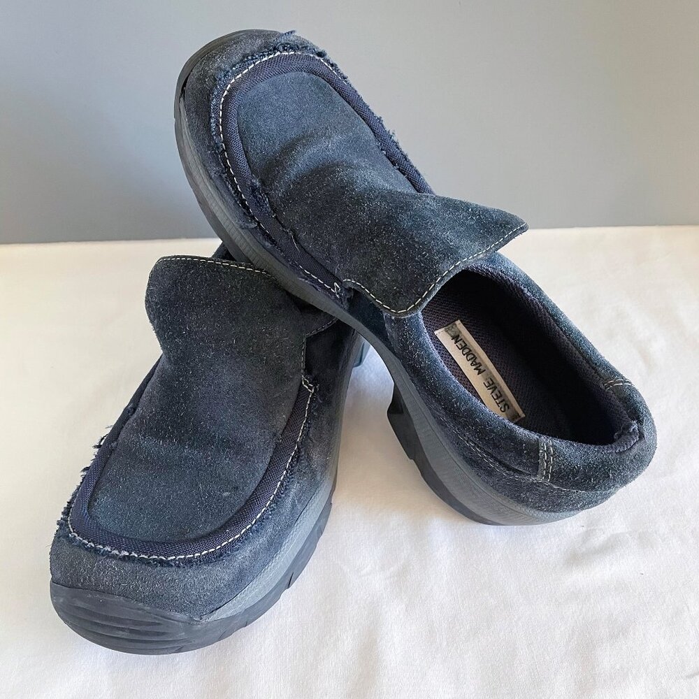 Steve Madden Skore 9 Ladies Slip On Loafers Blue Velvet Round Toe Chunky Suede